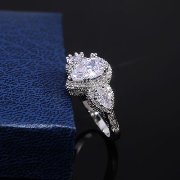 NEW Silver Teardrop Diamond Halo Wedding Ring - Picture 3 of 6